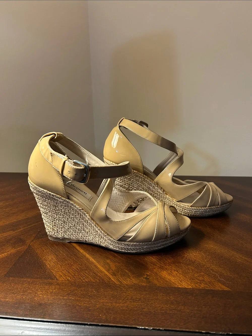 L. K. Bennett Patent Nude Braided Wedge Heels